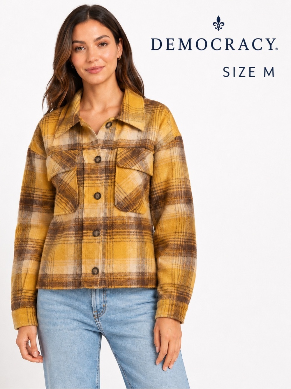 DEMOCRACY Plaid Crop mustard boho women jacket/size M